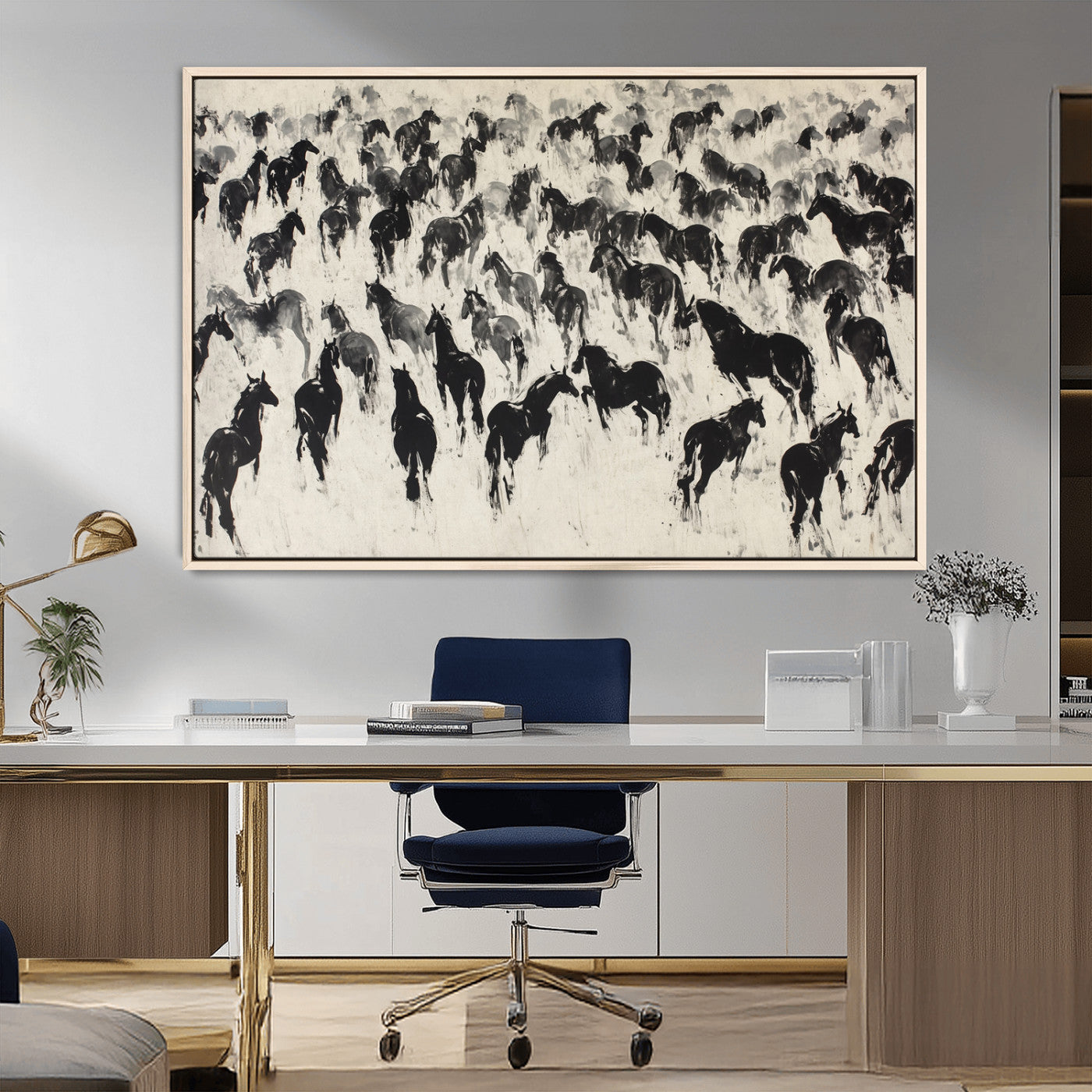 29265745-MGV-FC-36X24_Natural-Wild Horse Herd Wall Art – Black and White Galloping Horses Canvas Print, Rustic Western Farmhouse Décor for Living Room, Bedroom,