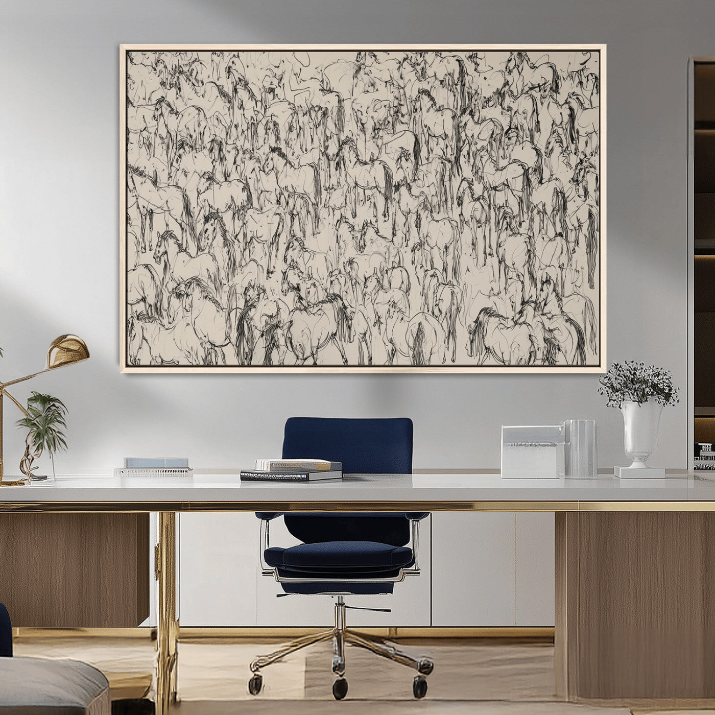 12358908-MGV-CV-36X24-Horse Herd Sketch Wall Art – Abstract Wild Horses Line Drawing Canvas Print, Rustic Western Style Equestrian Decor for Living