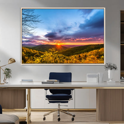 25786346-MGV-CV-36X24-Sunset Over Mountains Wall Art – Nature Landscape Canvas Print, Golden Hour Forest Photography, Scenic Sunrise Artwork for Living