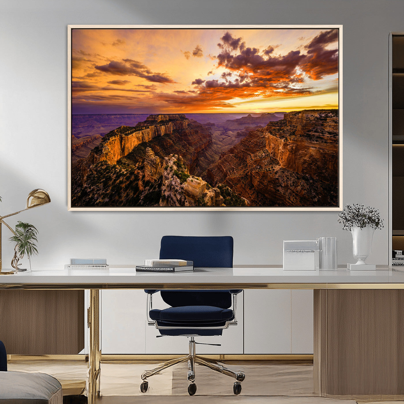75573843-MGV-CV-36X24-Grand Canyon Sunset Wall Art – Panoramic Canyon Landscape Canvas Print, Dramatic Desert Cliffs Artwork, Nature Inspired Scenic