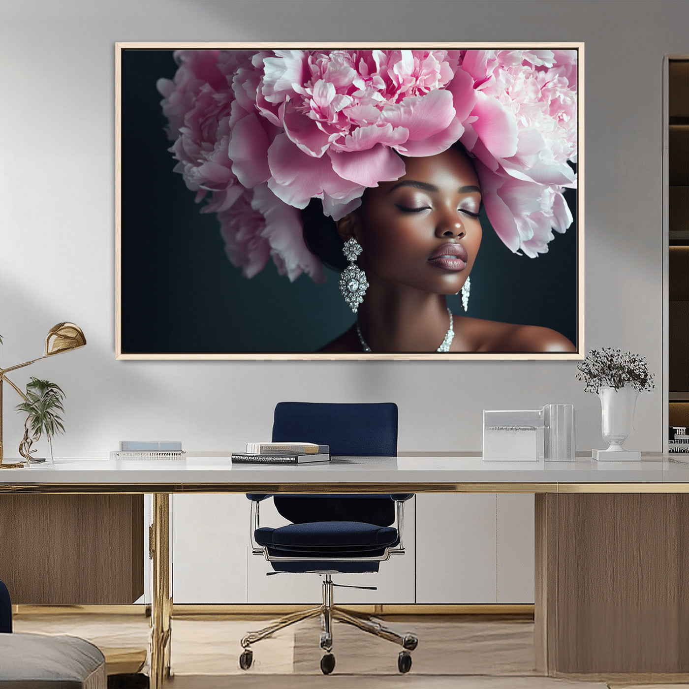 35482880-MGV-CV-36X24-Floral Portrait Wall Art – Elegant Woman with Pink Peony Headpiece Canvas Print, Luxury Fashion Inspired Artwork, Modern Glam