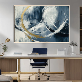 97295757-MGV-CV-36X24-Abstract Blue and Gold Wall Art – Modern Luxury Canvas Print, Navy White Brushstroke Painting, Contemporary Living Room Office