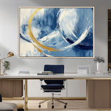 42475677-MGV-CV-36X24-Blue and Gold Abstract Wall Art – Modern Luxury Canvas Print, Navy White Brushstroke Painting, Contemporary Home Office Living