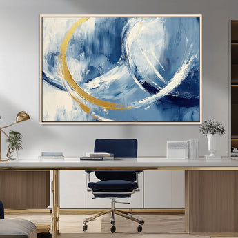 42475677-MGV-CV-36X24-Blue and Gold Abstract Wall Art – Modern Luxury Canvas Print, Navy White Brushstroke Painting, Contemporary Home Office Living