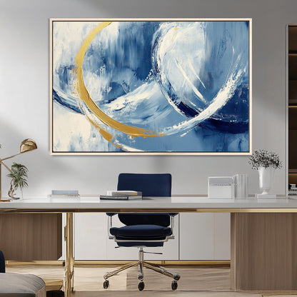 42475677-MGV-CV-36X24-Blue and Gold Abstract Wall Art – Modern Luxury Canvas Print, Navy White Brushstroke Painting, Contemporary Home Office Living