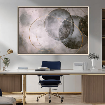 20066876-MGV-CV-36X24-Neutral Abstract Circle Wall Art – Modern Gray Beige Gold Canvas Print, Minimalist Geometric Painting for Bedroom, Living Room,