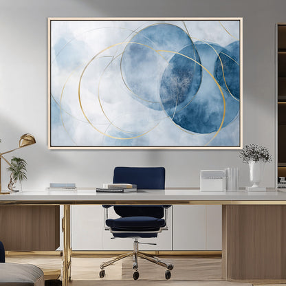 47060443-MGV-CV-36X24-Blue Abstract Circle Wall Art – Modern Gold and Navy Canvas Print, Minimalist Geometric Painting for Living Room, Bedroom, Office