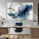 49589477-MGV-CV-36X24-Blue Abstract Wall Art – Modern Circle Canvas Print with Gold and Black Accents, Contemporary Fluid Brushstroke Painting for