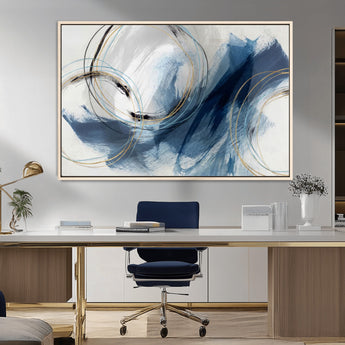 49589477-MGV-CV-36X24-Blue Abstract Wall Art – Modern Circle Canvas Print with Gold and Black Accents, Contemporary Fluid Brushstroke Painting for