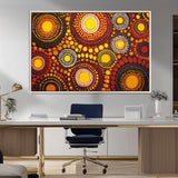 81120549-MGV-FC-36X24_Natural-Abstract Dot Painting Wall Art – Vibrant Tribal Boho Style Canvas Print with Sunburst Mandala Circles in Warm Red, Yellow, Orange