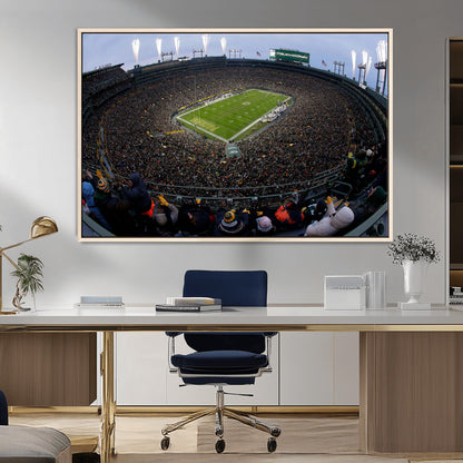 14387817-MGV-CV-36X24-Lambeau Field Stadium Wall Art – Green Bay Packers Game Day Canvas Print with Fireworks and Crowd – NFL Football Fan Man Cave