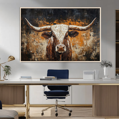 25265572-MGV-CV-36X24-Longhorn Bull Wall Art – Rustic Western Texas Steer Canvas Print, Textured Animal Painting for Home, Office, Man Cave or Farmhouse