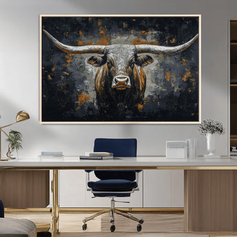 93195031-MGV-FC-36X24_Natural-Dark Longhorn Bull Wall Art – Western Steer Canvas Print, Moody Rustic Animal Painting for Man Cave, Ranch House, Office or Modern