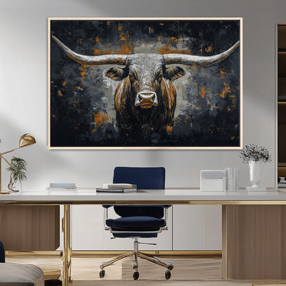 93195031-MGV-FC-36X24_Natural-Dark Longhorn Bull Wall Art – Western Steer Canvas Print, Moody Rustic Animal Painting for Man Cave, Ranch House, Office or Modern