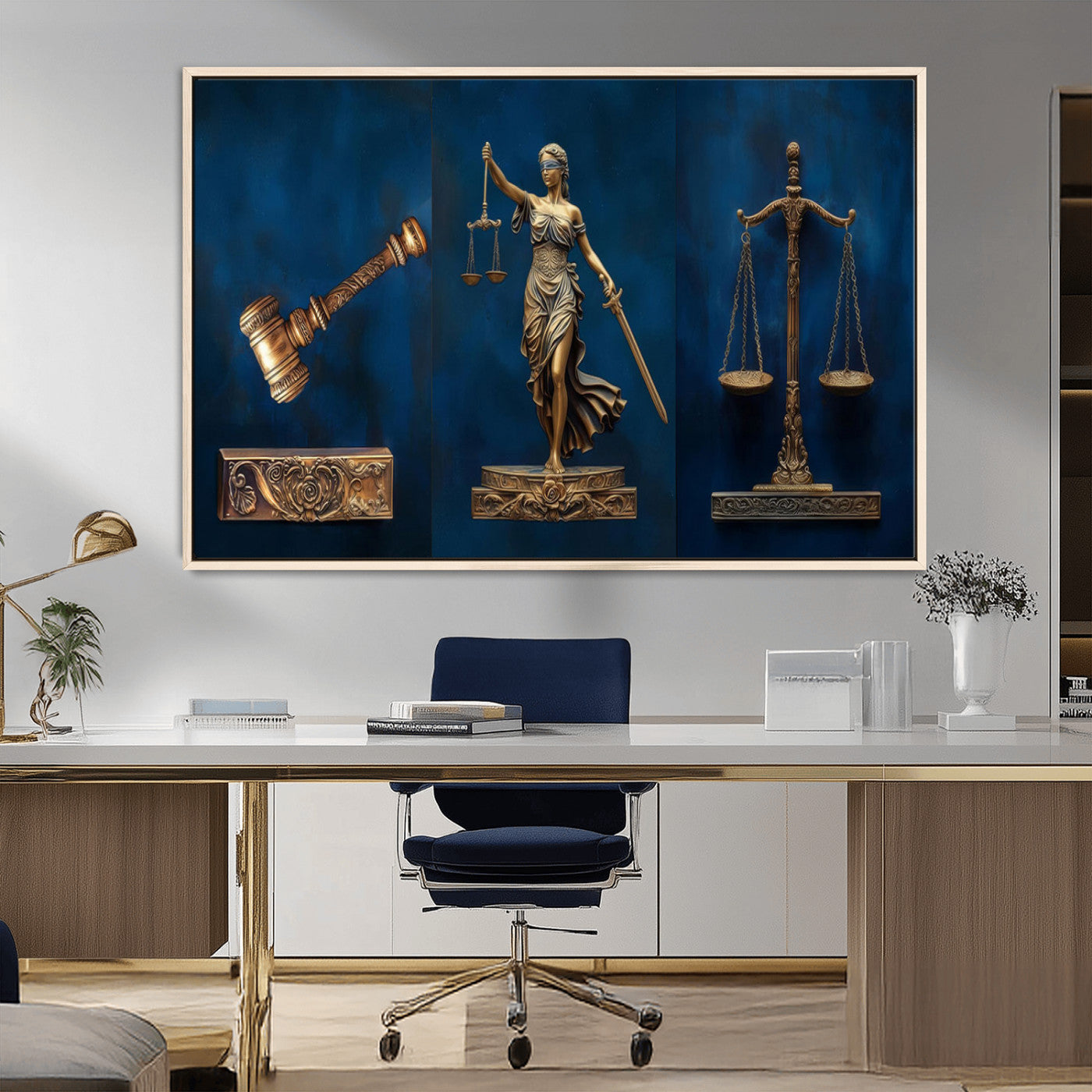 91629053-MGV-CV-36X24-Lady Justice Wall Art – Golden Gavel and Scales Canvas Print, Elegant Legal Office Decor for Lawyers, Judges, Courtroom or Study