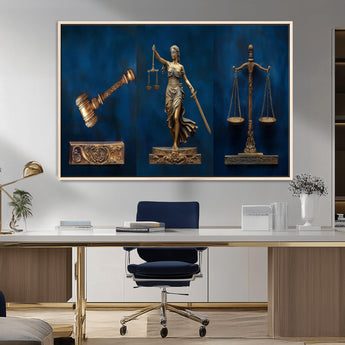 91629053-MGV-CV-36X24-Lady Justice Wall Art – Golden Gavel and Scales Canvas Print, Elegant Legal Office Decor for Lawyers, Judges, Courtroom or Study