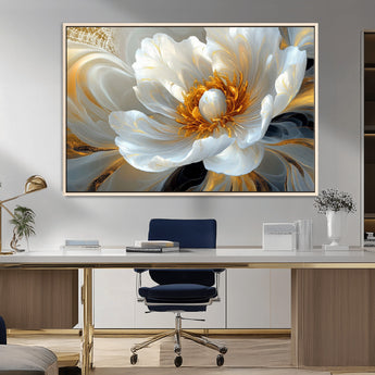 39604126-MGV-CV-36X24-Abstract Flower Wall Art – Elegant White and Gold Bloom Canvas Print, Modern Floral Artwork for Bedroom, Living Room, or Office