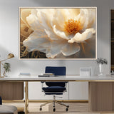 29539087-MGV-CV-36X24-Floral Wall Art – Elegant White and Gold Bloom Canvas Print, Romantic Modern Flower Artwork for Bedroom, Living Room, or Office