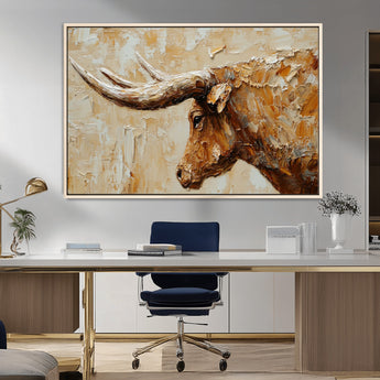 69611428-MGV-CV-36X24-Longhorn Bull Wall Art – Rustic Western Canvas Print, Textured Farmhouse Cattle Painting for Living Room, Office, or Ranch House