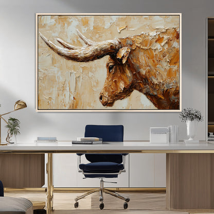 69611428-MGV-CV-36X24-Longhorn Bull Wall Art – Rustic Western Canvas Print, Textured Farmhouse Cattle Painting for Living Room, Office, or Ranch House