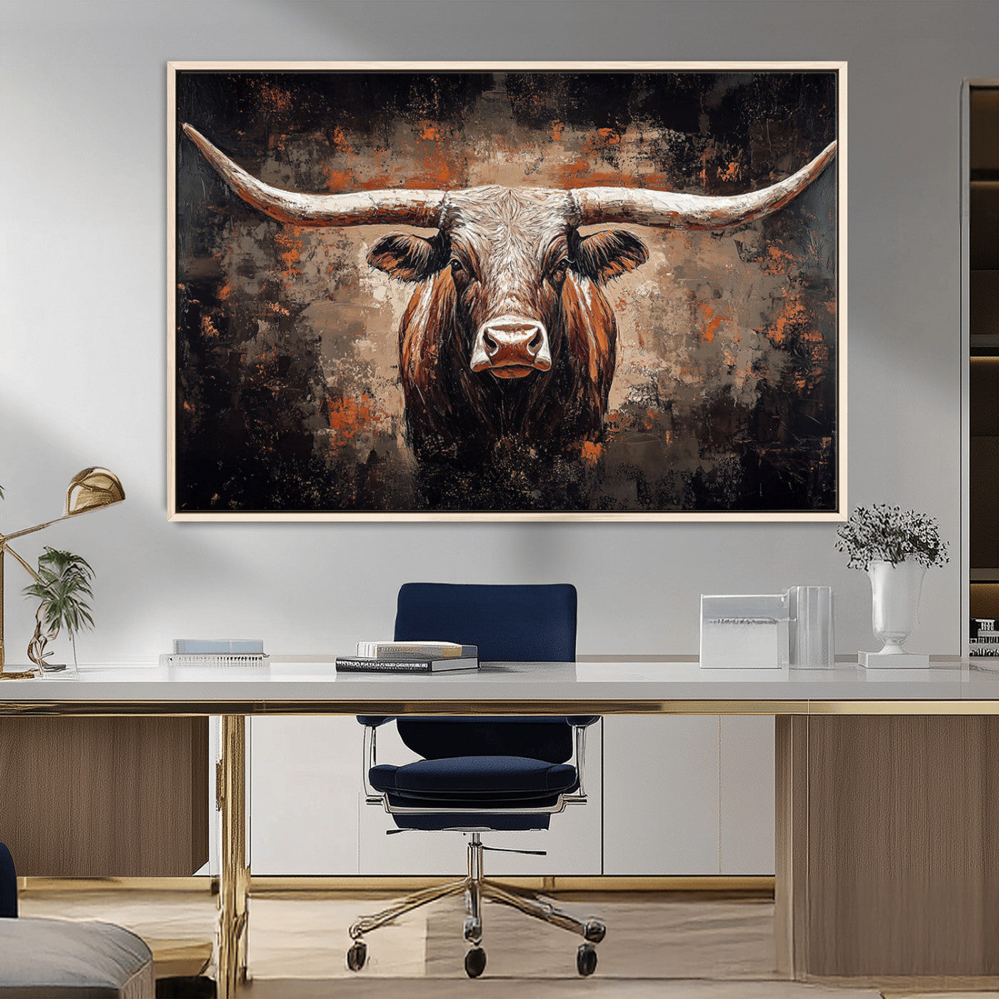 24779067-MGV-FC-36X24_Natural-Longhorn Bull Wall Art – Western Rustic Canvas Print, Bold Cowboy Cattle Painting for Ranch House, Farmhouse, Office, or Living