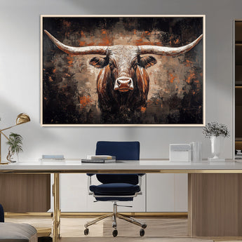 24779067-MGV-FC-36X24_Natural-Longhorn Bull Wall Art – Western Rustic Canvas Print, Bold Cowboy Cattle Painting for Ranch House, Farmhouse, Office, or Living