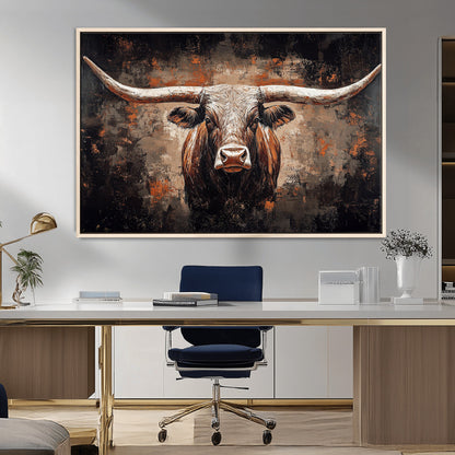 24779067-MGV-FC-36X24_Natural-Longhorn Bull Wall Art – Western Rustic Canvas Print, Bold Cowboy Cattle Painting for Ranch House, Farmhouse, Office, or Living
