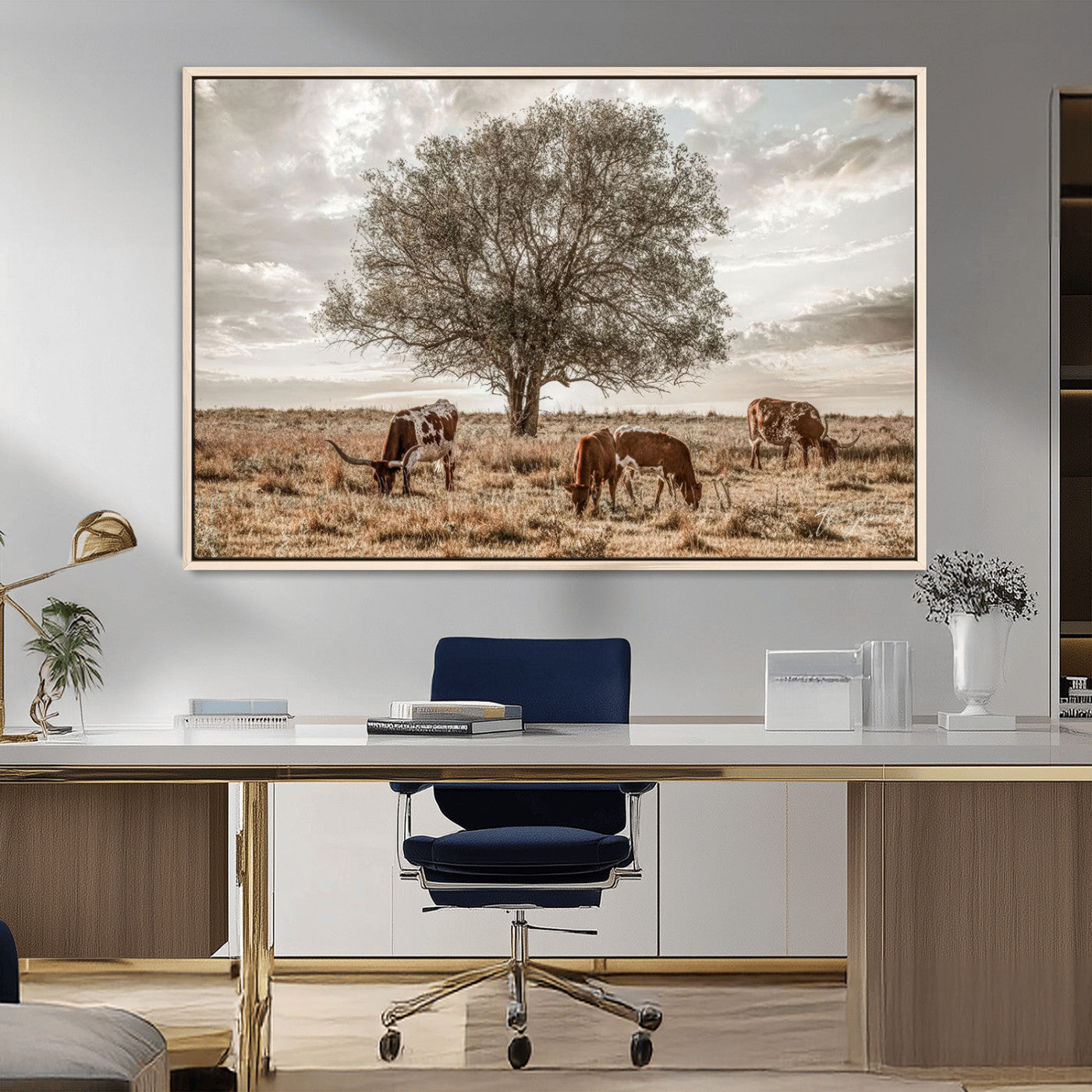 87590224-MGV-FC-36X24_Natural-Longhorn Cattle Wall Art – Rustic Western Landscape Canvas Print, Texas Farmhouse Prairie Scene for Living Room, Office, or Ranch