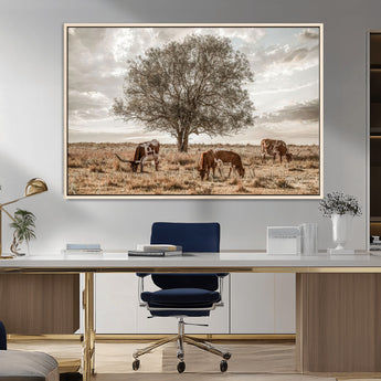 87590224-MGV-FC-36X24_Natural-Longhorn Cattle Wall Art – Rustic Western Landscape Canvas Print, Texas Farmhouse Prairie Scene for Living Room, Office, or Ranch