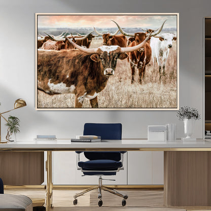 47758300-MGV-CV-36X24-Texas Longhorn Cattle Wall Art – Rustic Western Herd Canvas Print, Cowboy Ranch Farmhouse Decor for Living Room, Office, or