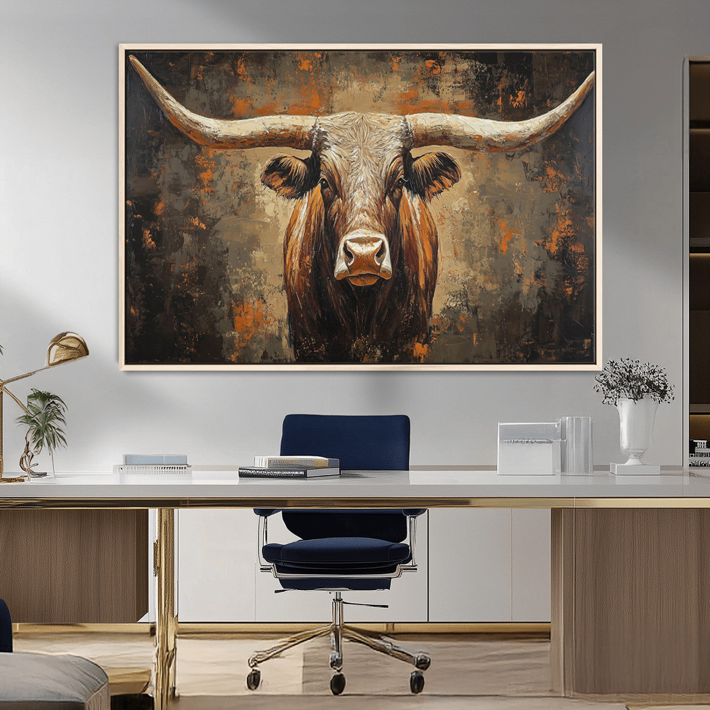 19204445-MGV-CV-36X24-Texas Longhorn Bull Wall Art – Rustic Western Canvas Print, Bold Cowboy Cattle Painting for Ranch House, Farmhouse, Office, or