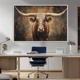 19204445-MGV-CV-36X24-Texas Longhorn Bull Wall Art – Rustic Western Canvas Print, Bold Cowboy Cattle Painting for Ranch House, Farmhouse, Office, or
