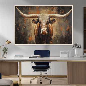 19204445-MGV-CV-36X24-Texas Longhorn Bull Wall Art – Rustic Western Canvas Print, Bold Cowboy Cattle Painting for Ranch House, Farmhouse, Office, or
