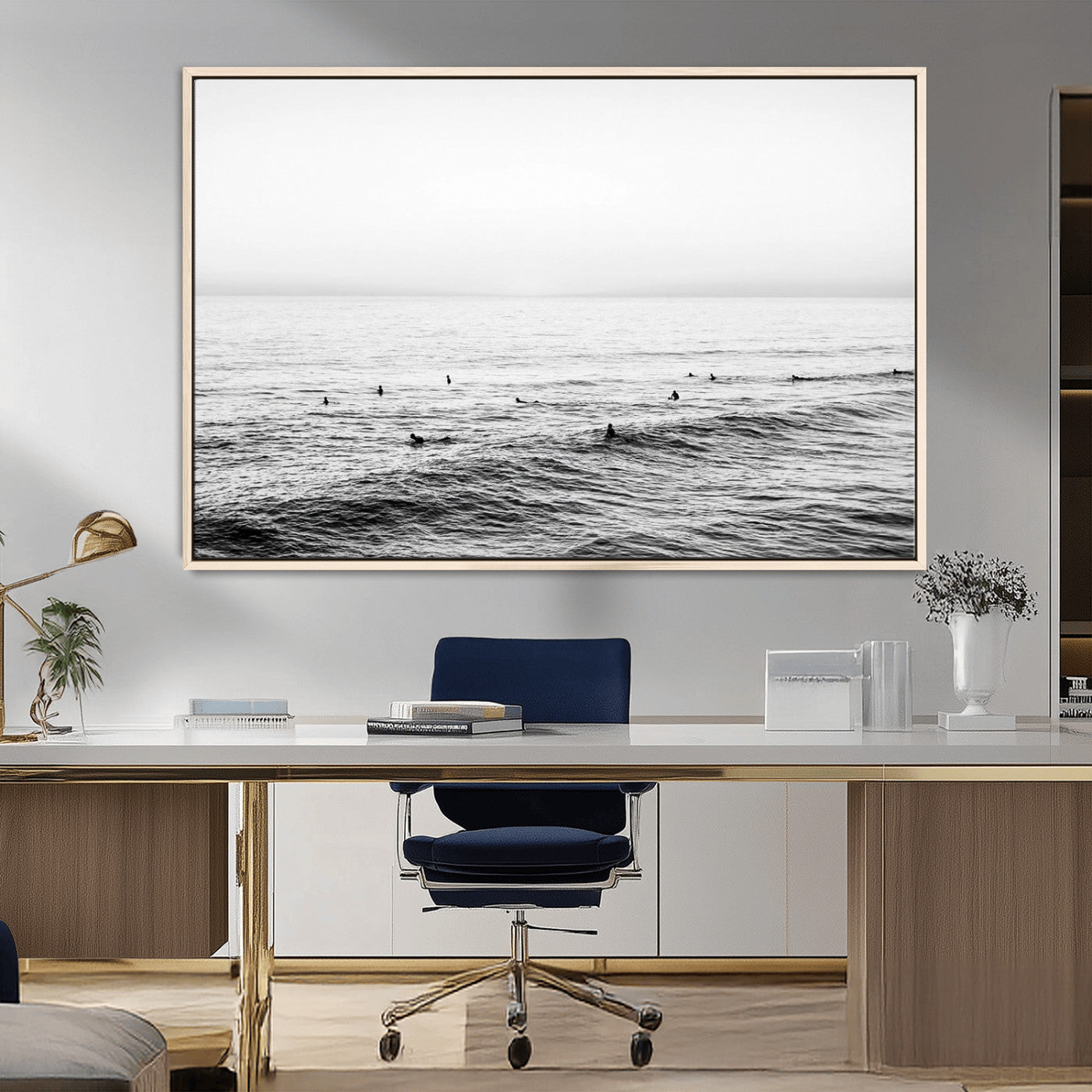 47208268-MGV-CV-36X24-Surfer Ocean Wall Art – Black and White Coastal Canvas Print, Minimalist Surfing Seascape Decor for Living Room, Bedroom, or Beach