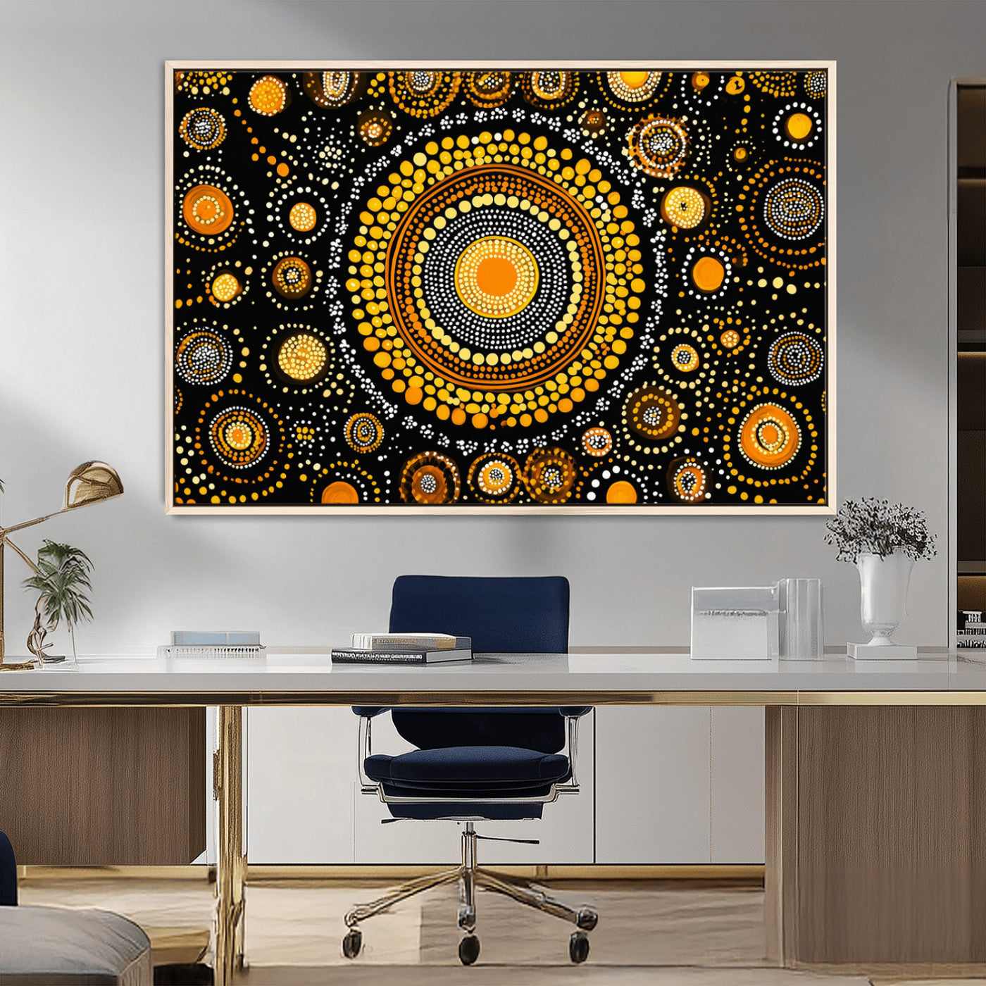 45478523-MGV-FC-36X24_Natural-Abstract Circle Wall Art – Bold Black and Gold Dot Painting Canvas Print, Modern Geometric Mandala Style Decor for Living Room or