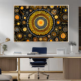 45478523-MGV-FC-36X24_Natural-Abstract Circle Wall Art – Bold Black and Gold Dot Painting Canvas Print, Modern Geometric Mandala Style Decor for Living Room or