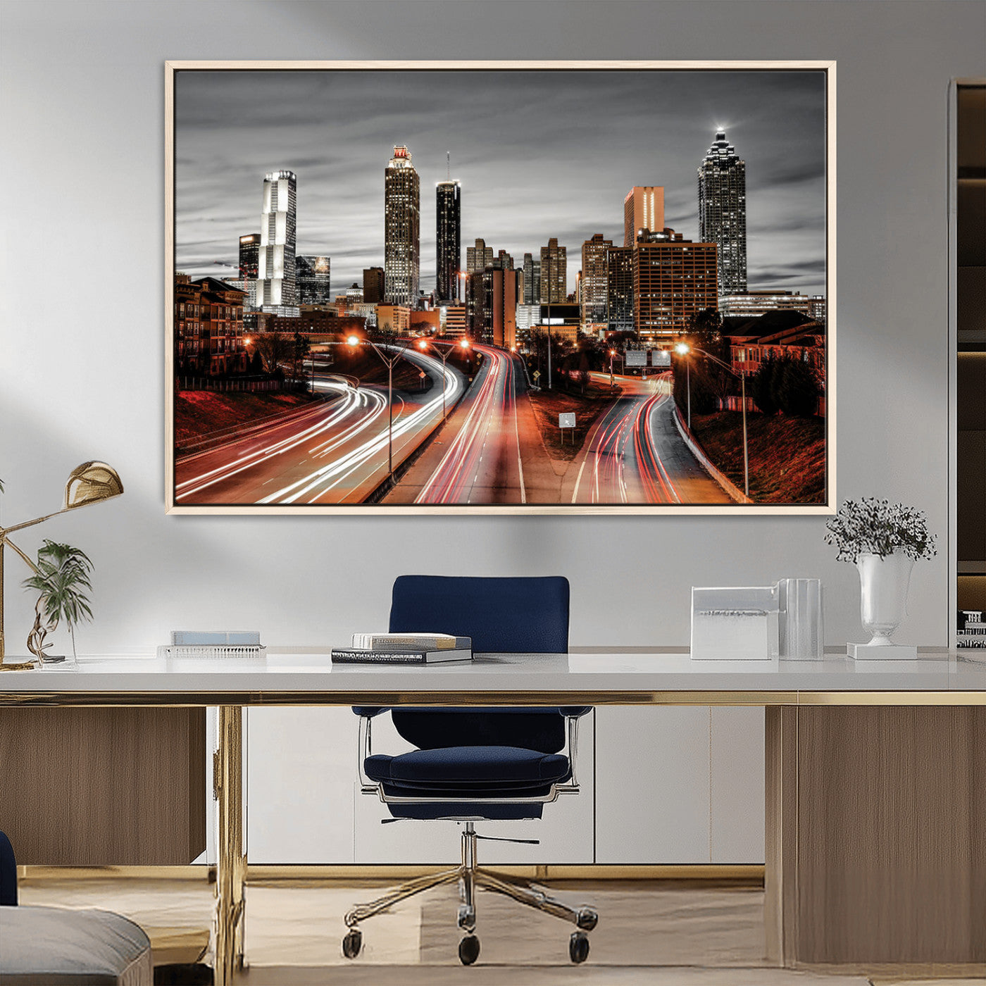 59097239-MGV-CV-36X24-City Skyline Wall Art – Modern Black and White Night Canvas Print with Red Light Trails, Urban Landscape Decor for Living Room or