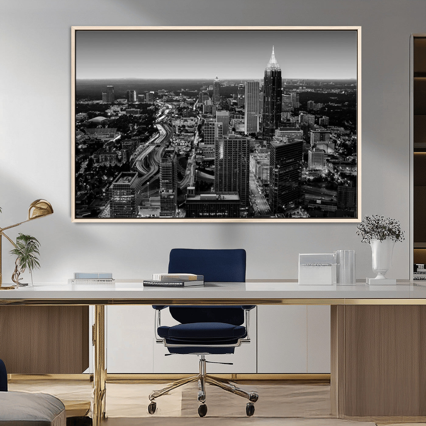 46578567-MGV-CV-36X24-Atlanta Skyline Wall Art – Black and White Cityscape Canvas Print, Modern Urban Night Decor for Office, Living Room, or Apartment