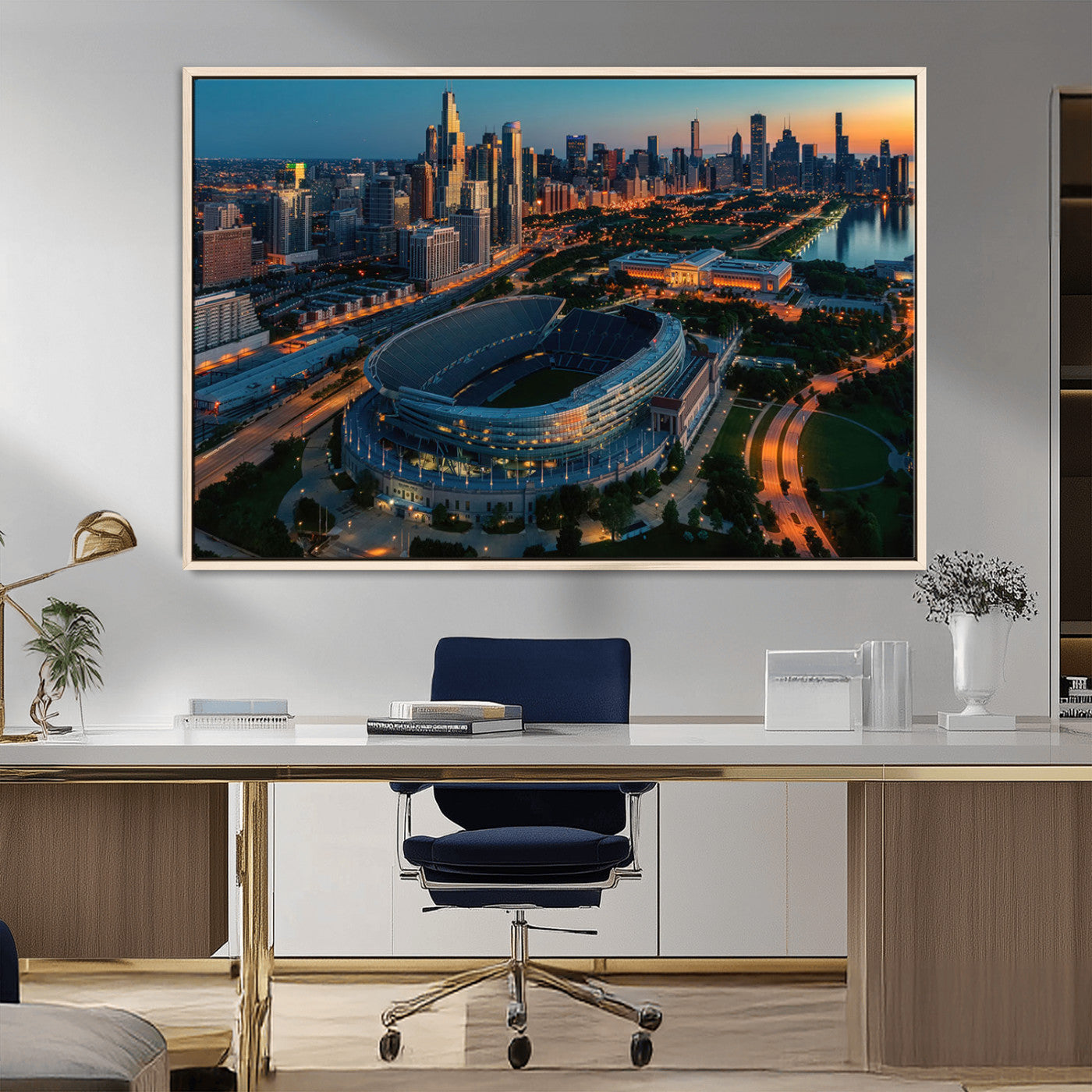 36690345-MGV-CV-36X24-Soldier Field Wall Art – Chicago Bears Stadium Aerial Night Canvas Print, City Skyline Football Decor for Living Room, Office, or