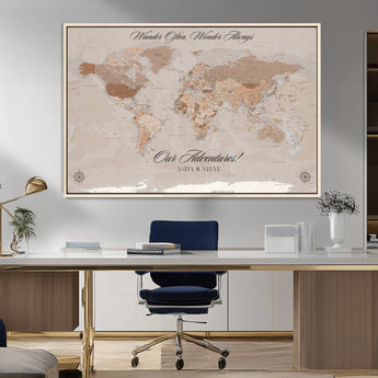 95243244-MGV-CV-36X24-Wander Often Wonder Always World Map Wall Art – Neutral Beige Adventure Canvas Print, Rustic Boho Travel Decor for Bedroom, Living