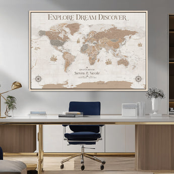 63516865-MGV-CV-36X24-Explore Dream Discover World Map Wall Art – Inspirational Travel Adventure Canvas Print, Neutral Parchment Style Explorer Decor