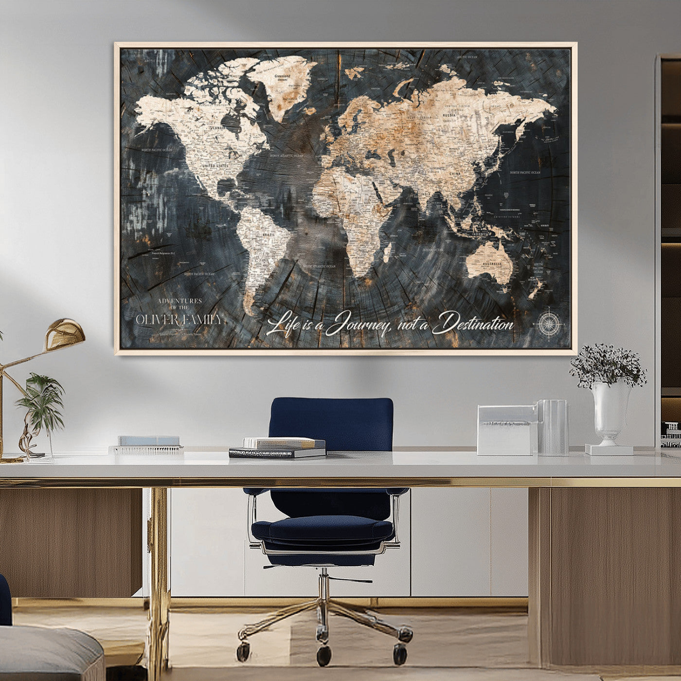 37848568-MGV-CV-36X24-Life is a Journey Not a Destination World Map Rustic Wood Texture Vintage Beige Navy Adventure Wall Art Canvas Print for Home