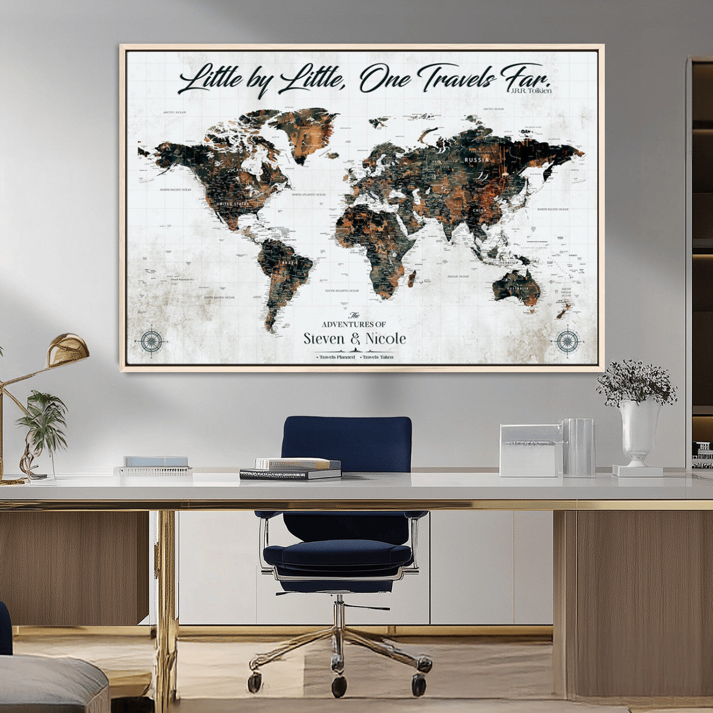 88337180-MGV-CV-36X24-Little by Little One Travels Far Tolkien Quote World Map Rustic Black Brown Adventure Wall Art Canvas Print for Home Office Living