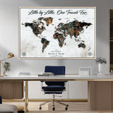 88337180-MGV-CV-36X24-Little by Little One Travels Far Tolkien Quote World Map Rustic Black Brown Adventure Wall Art Canvas Print for Home Office Living