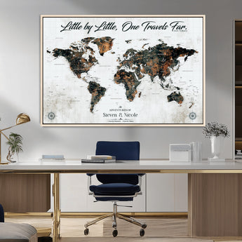 88337180-MGV-CV-36X24-Little by Little One Travels Far Tolkien Quote World Map Rustic Black Brown Adventure Wall Art Canvas Print for Home Office Living