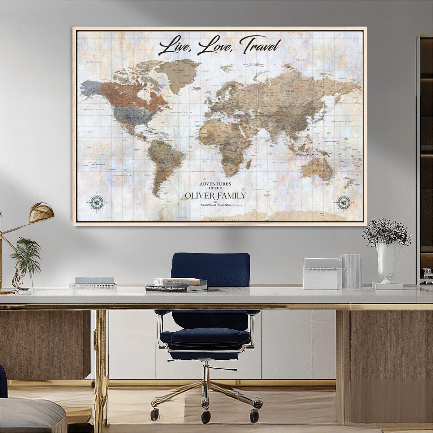 43924907-MGV-CV-36X24-Live Love Travel Wall Art – Neutral World Map Canvas Print, Rustic Adventure Decor for Home, Office or Living Room, Unique Gift