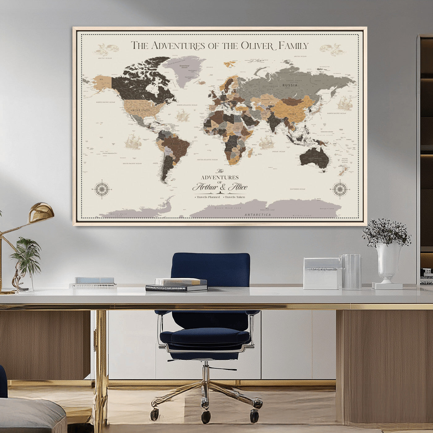 38723540-MGV-CV-36X24-Adventures of the Oliver Family Wall Art – Earth Tone World Map Canvas Print, Minimalist Travel Decor for Living Room, Bedroom or
