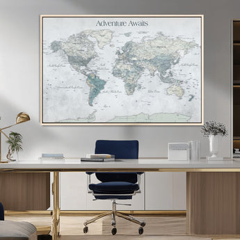 TEST111-MGV-CV-36X24-Personalized Adventure Awaits Push Pin World Map – Custom Framed Travel Tracker Canvas Wall Art for Home, Office