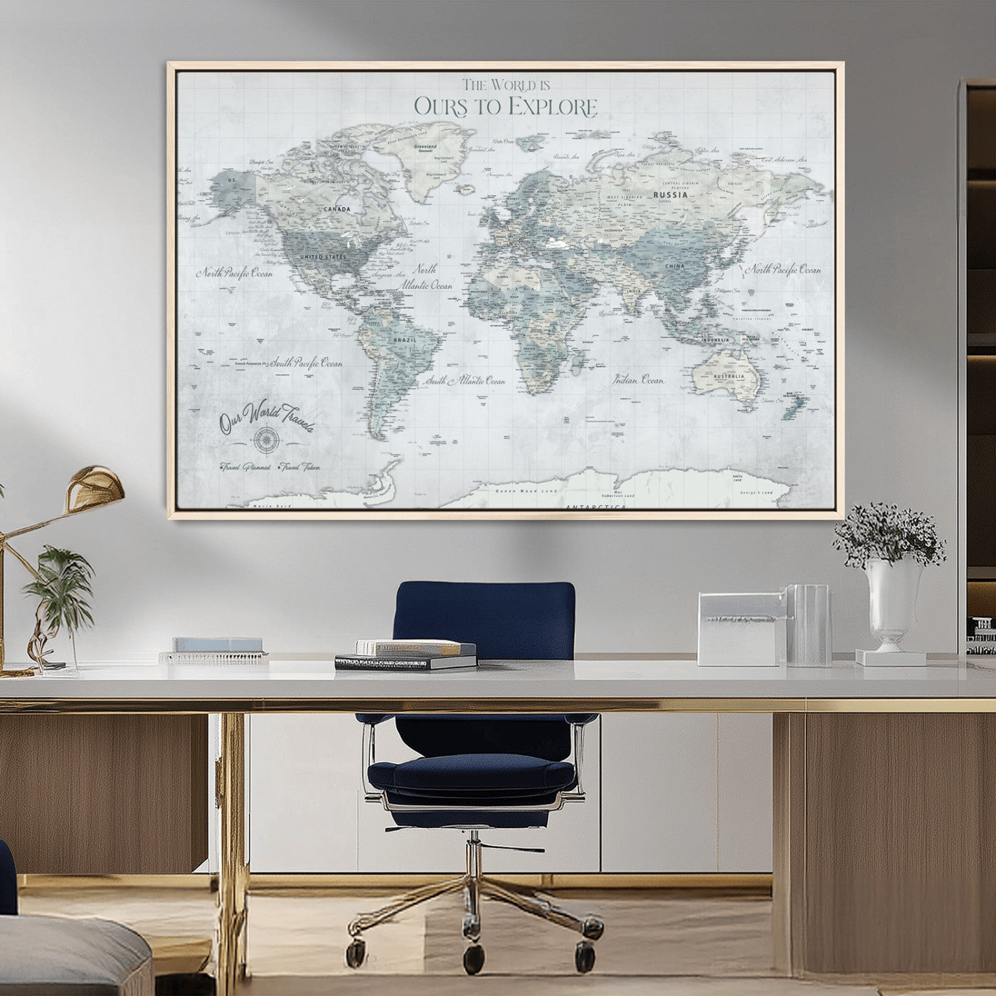 94249974-MGV-CV-36X24-Ours Explore World Map Wall Art – Modern Travel Canvas Print, Neutral Adventure Decor for Living Room, Office, Study, Bedroom,