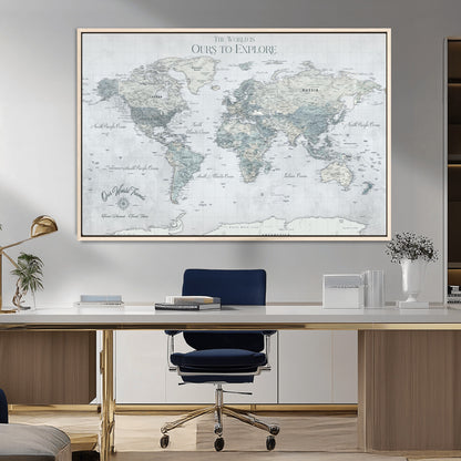 94249974-MGV-CV-36X24-Ours Explore World Map Wall Art – Modern Travel Canvas Print, Neutral Adventure Decor for Living Room, Office, Study, Bedroom,